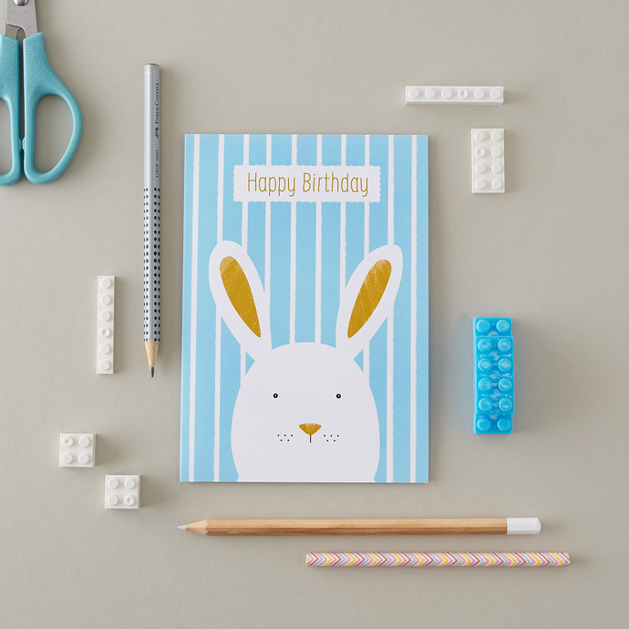 Stripy Bunny Blue Birthday Card