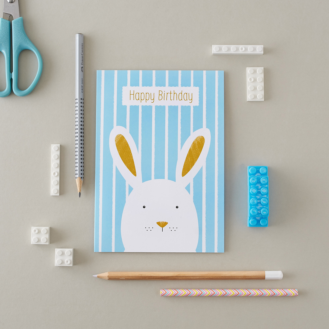 Stripy Bunny Blue Birthday Card