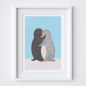Penguin Hug Blue Art Print