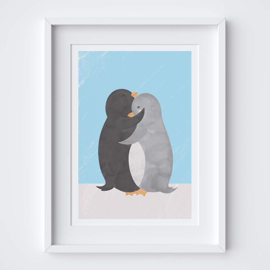 Penguin Hug Blue Art Print