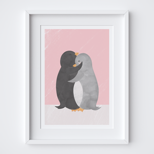 Penguin Hug Pink Art Print