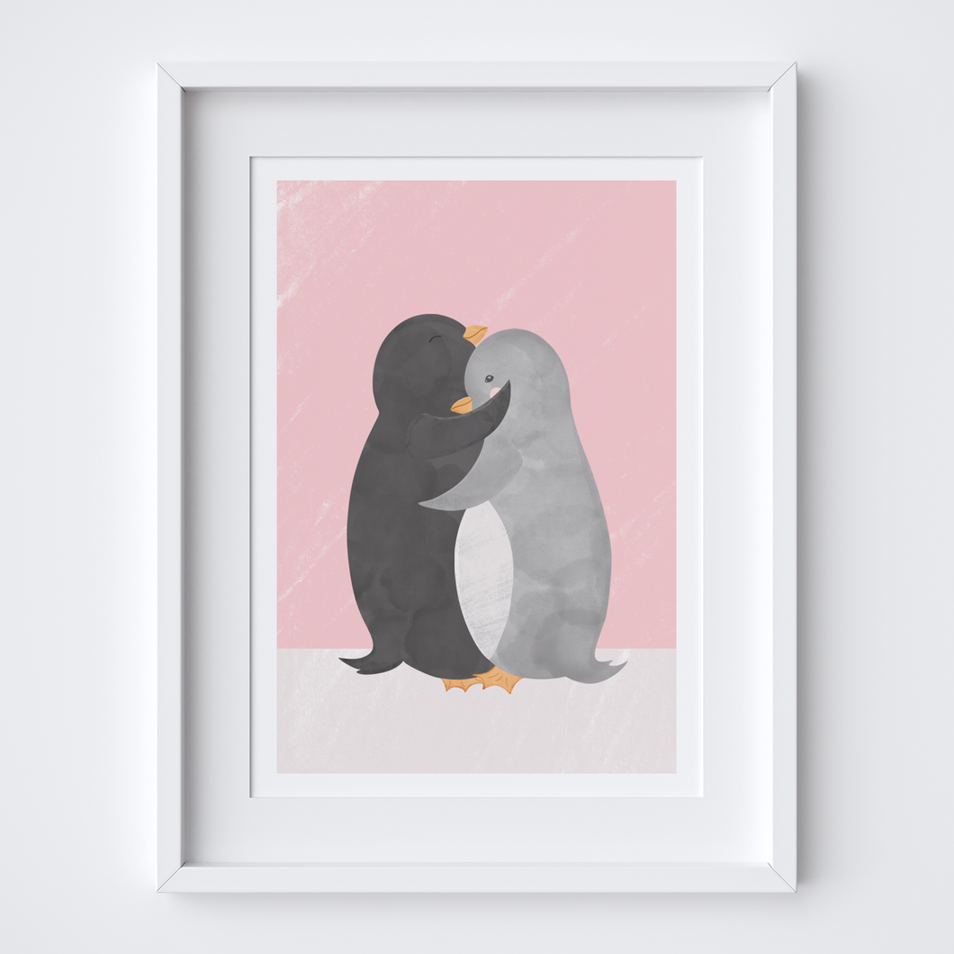 Penguin Hug Pink Art Print