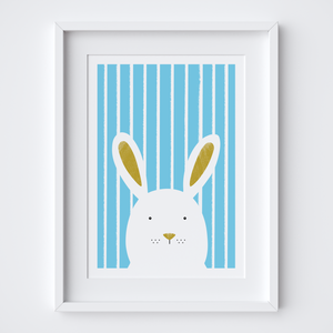 Stripy Bunny Blue Art Print