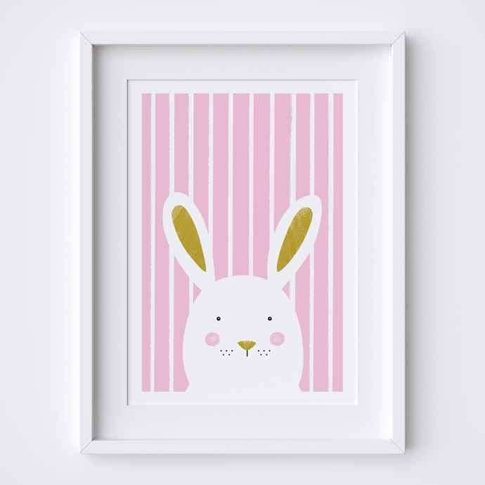 Stripy Bunny Pink Art Print